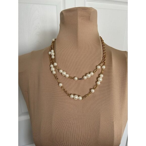 J CREW Double Layered Pearl Gold Link Chain Necklace 16"+18" - Picture 3 of 6